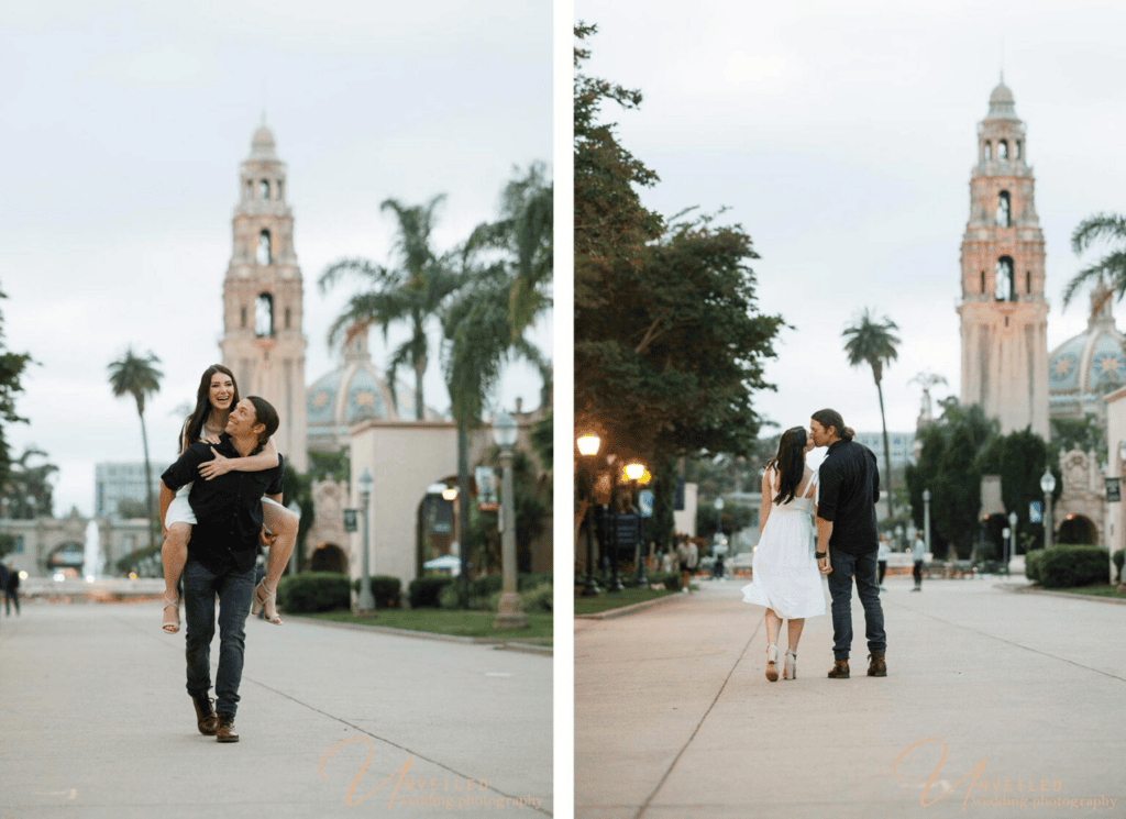 engagement photographer cost San Diego: Couple walking at Balboa Park tower.