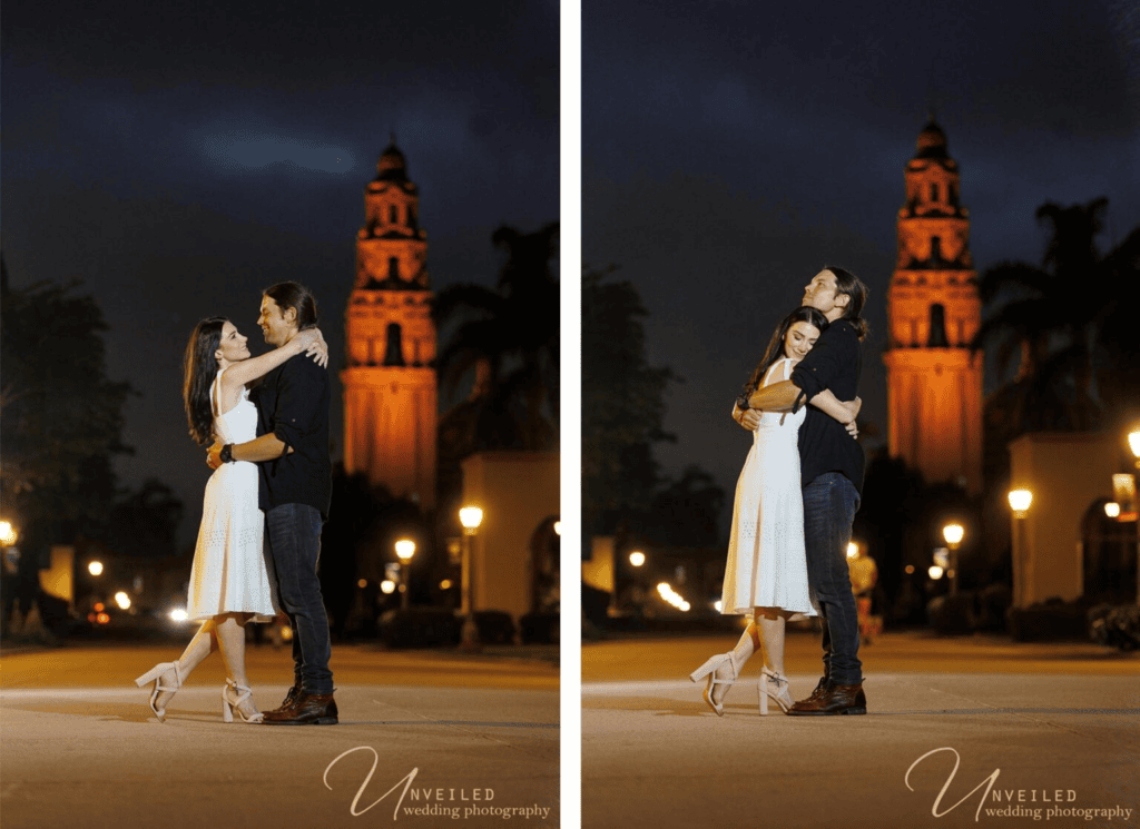 Night photoshoot in Balboa Park; check engagement photographer cost San Diego.