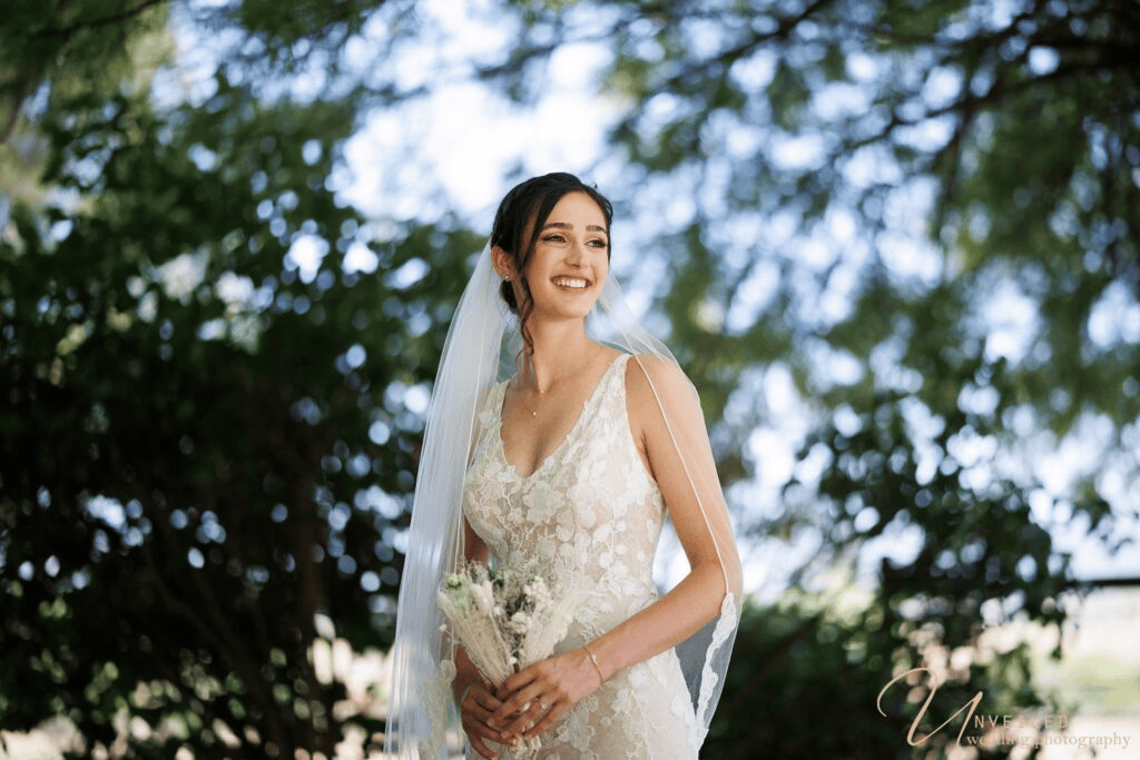 Smiling bride portrait display for Wedding Album vs Digital Gallery selection.