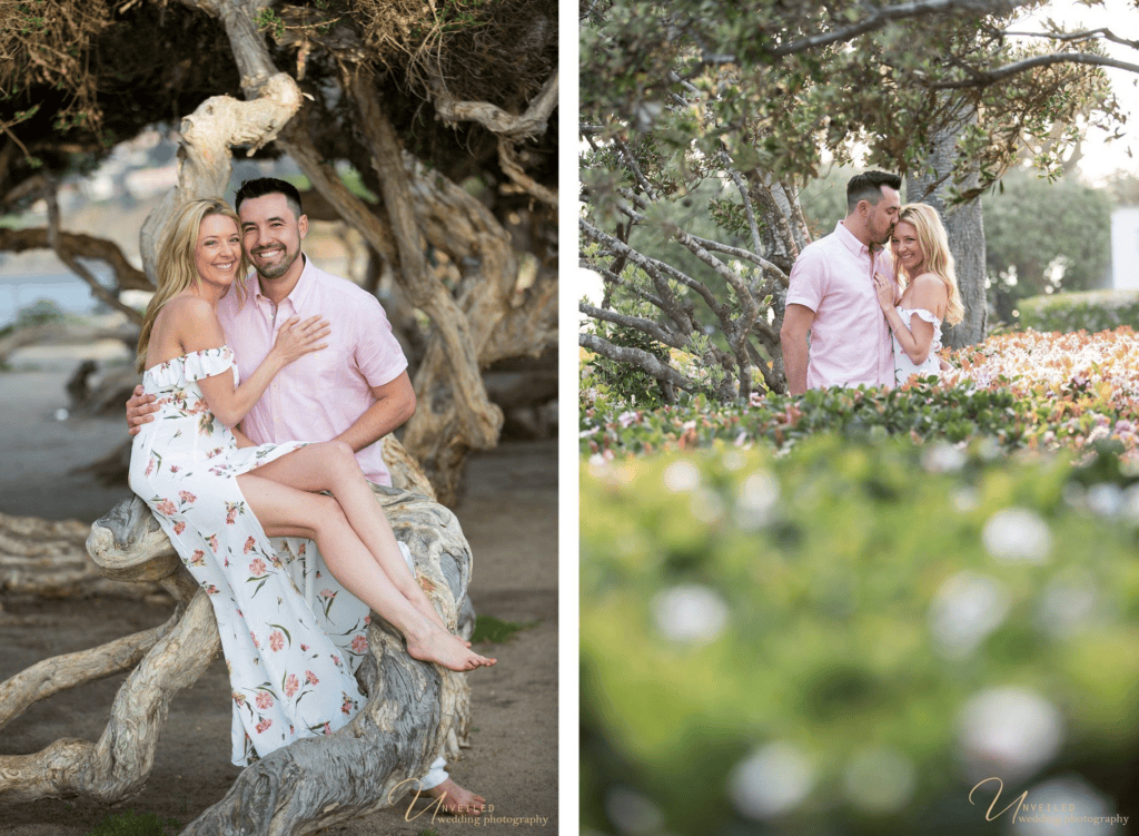 Couple outdoors on tree branches for an engagement session before your wedding.