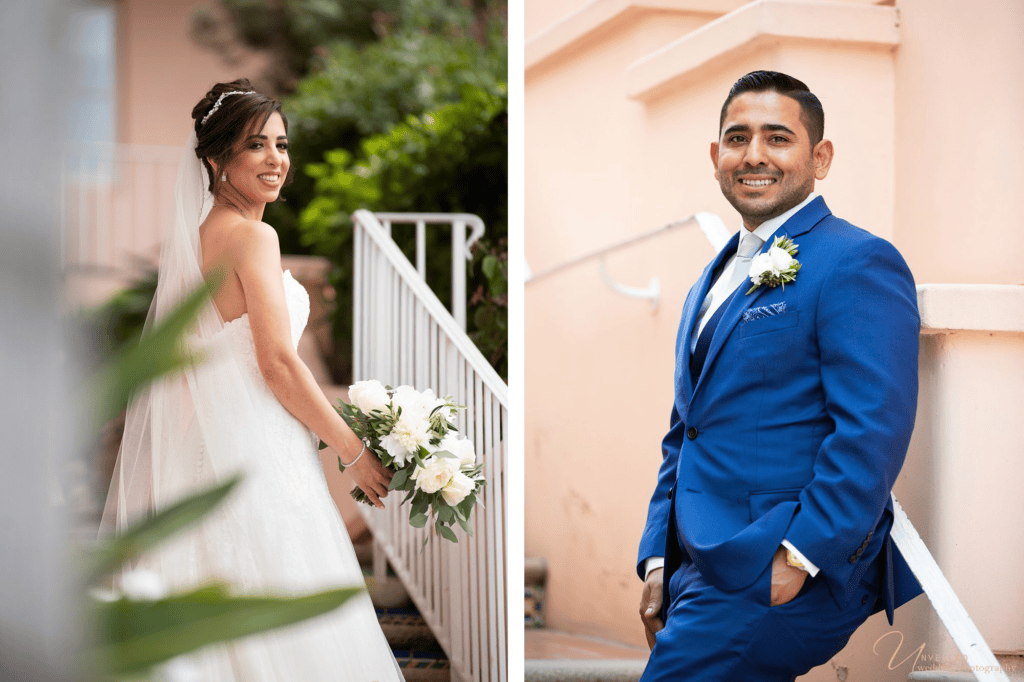 Side-by-side bride and groom portraits featuring classic Wedding photography shots.