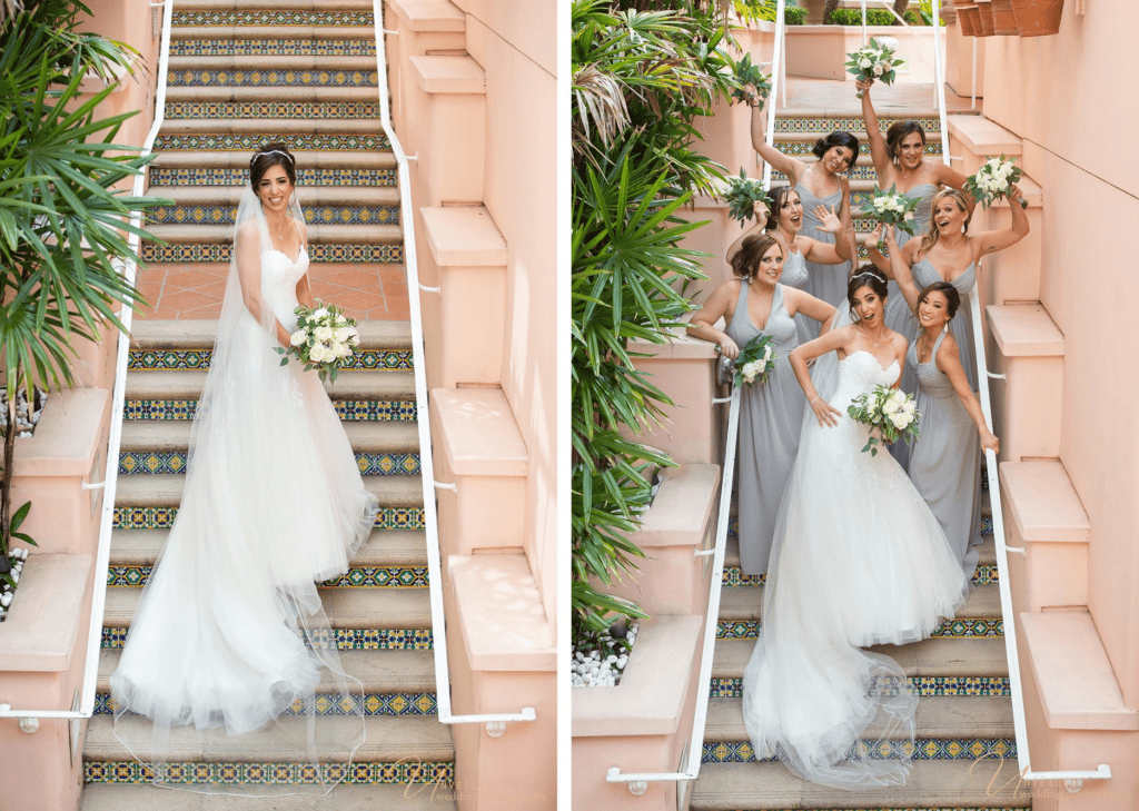 Bride and cheerful bridesmaids posing on Spanish stairs for Wedding photography shots.