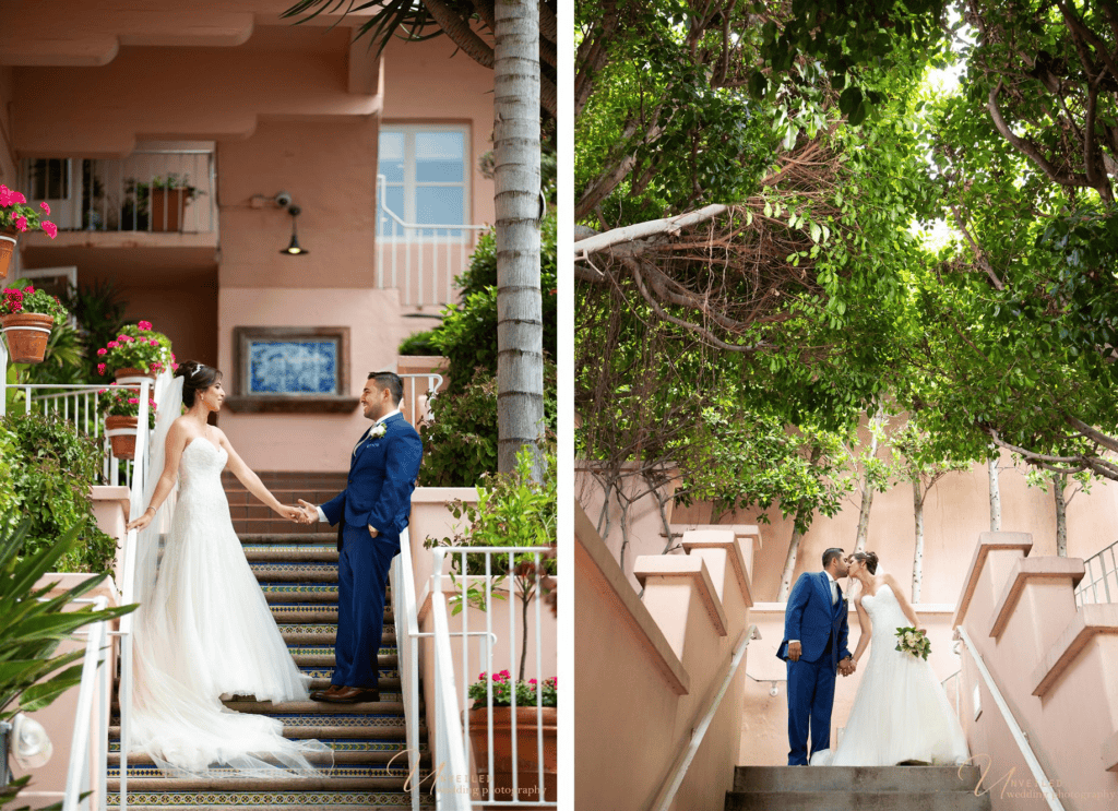 Bride and groom holding hands and kissing on outdoor stairs: Wedding photography shots.