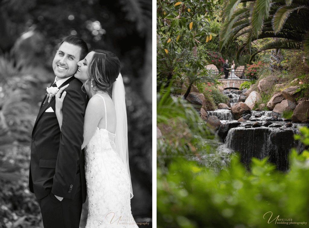 Black and white couple shot and garden waterfall by Grand Tradition Estate Wedding Photographer.